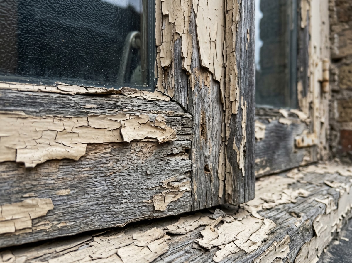 Close-up of peeling window paint and worn trim on a wood-frame home exterior
