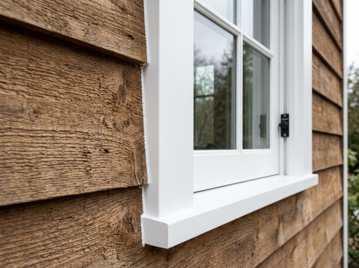 Freshly painted window trim with crisp, clean lines against wood siding