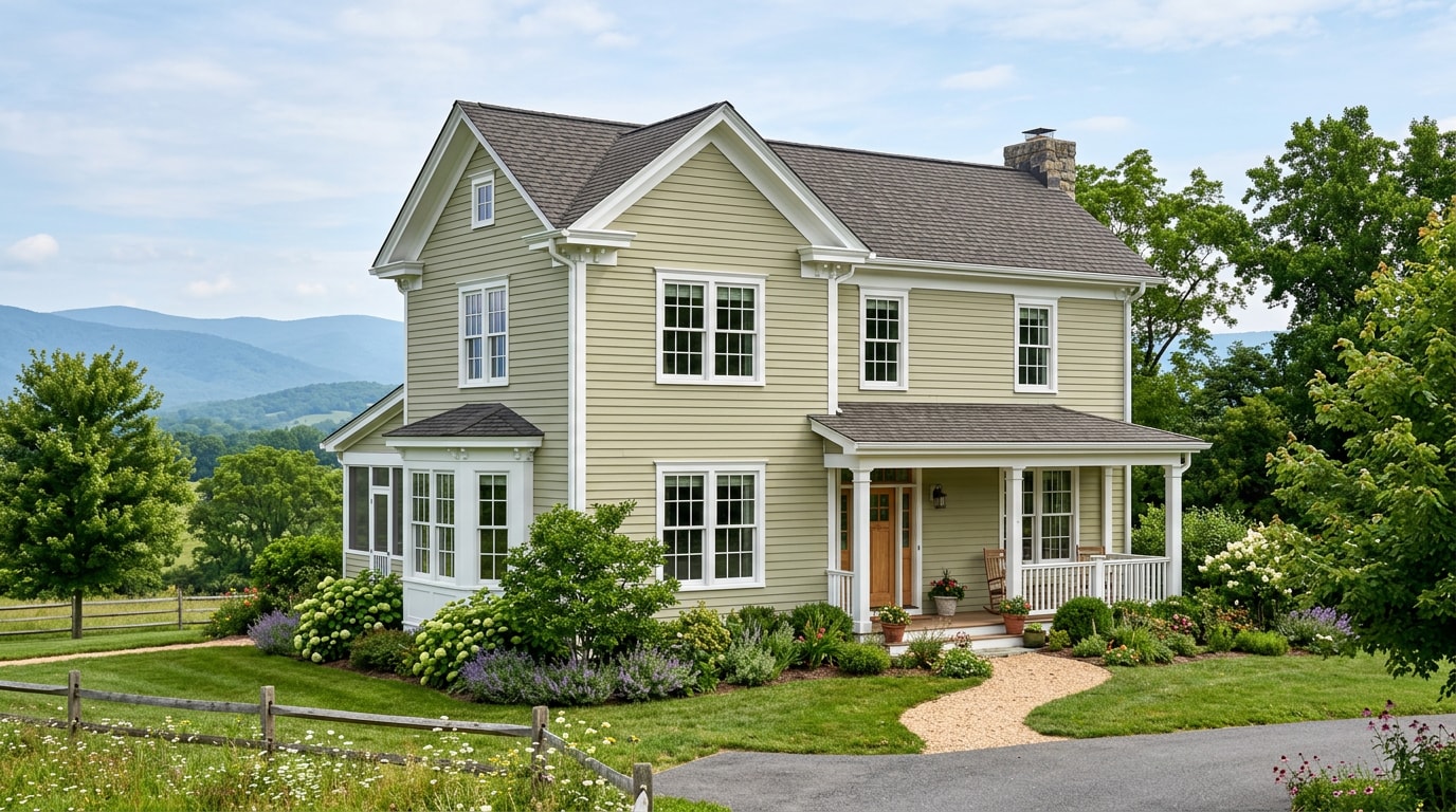 Freshly painted white window frames on a wood-frame home in the Shenandoah Valley