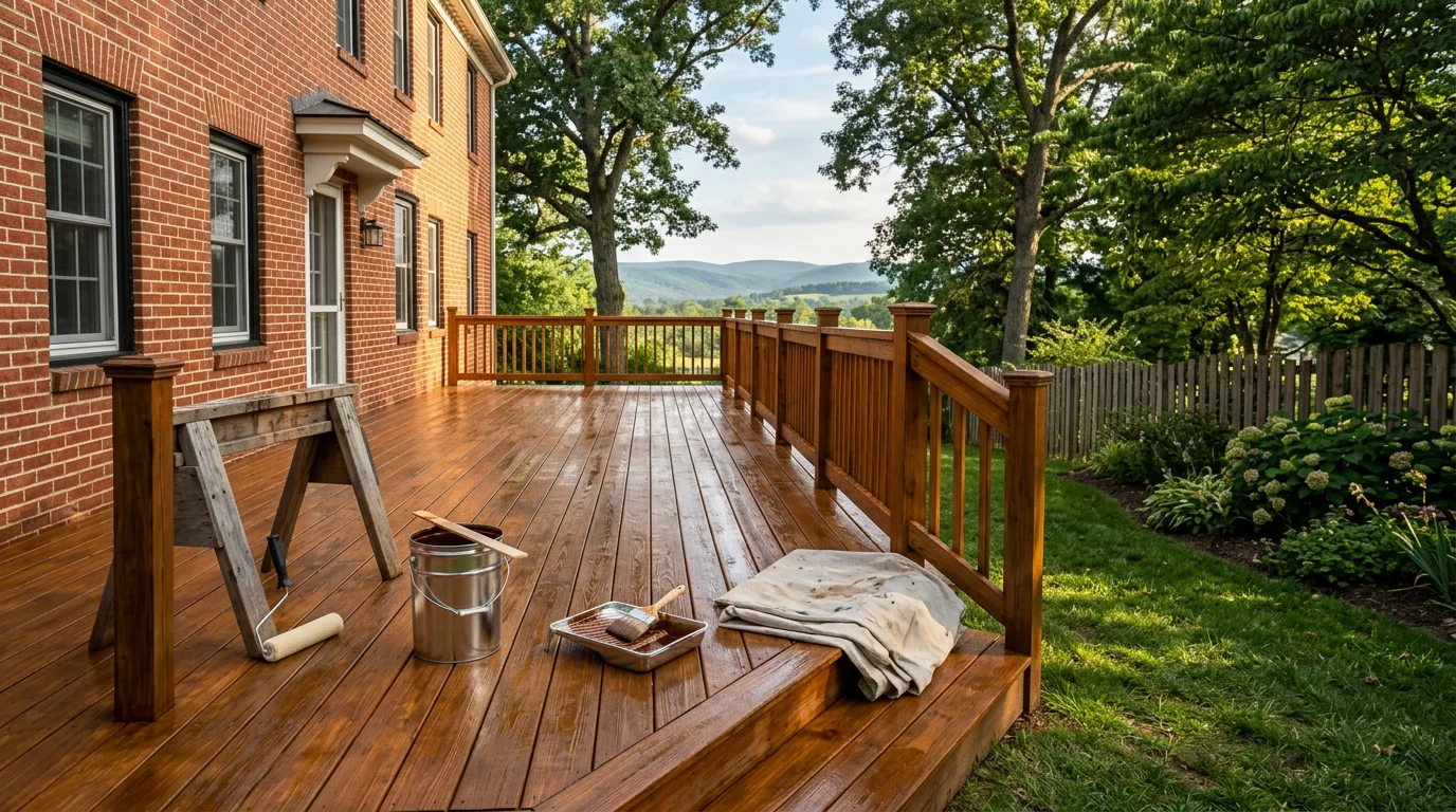 Professionally stained wooden deck attached to a residential home
