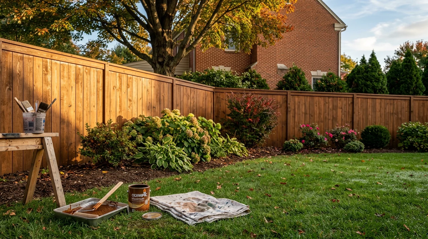 Freshly stained wooden fence in a residential yard