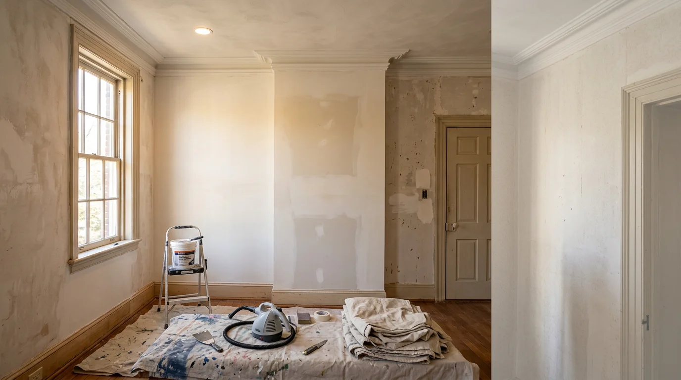 Drywall repair work being prepared for painting