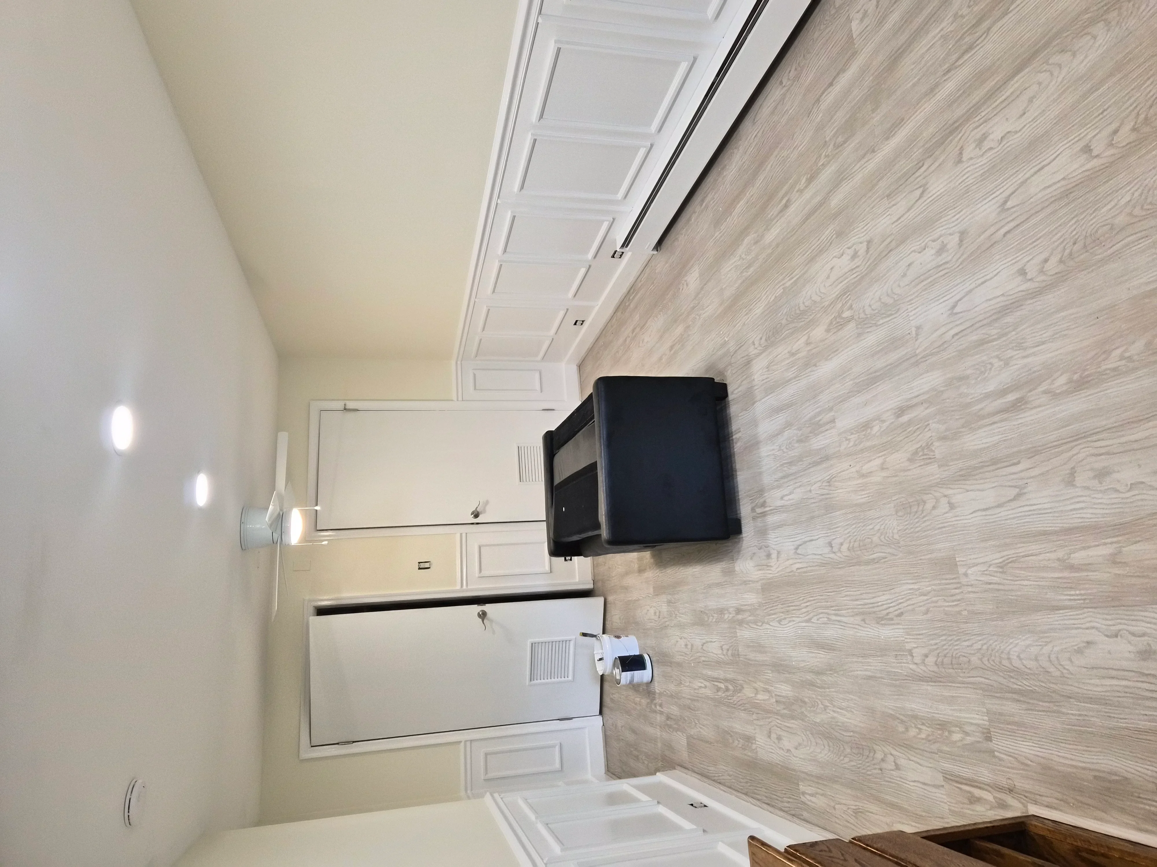 Painted laundry room with cream walls, white coffered ceiling, and gray wood-look vinyl flooring