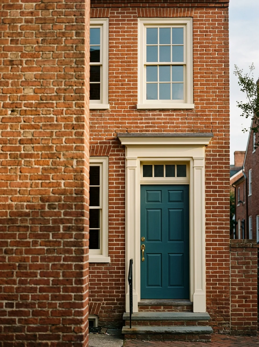 Freshly painted exterior of a historic brick home in downtown Berryville, Virginia, with clean trim lines around original wood window frames.