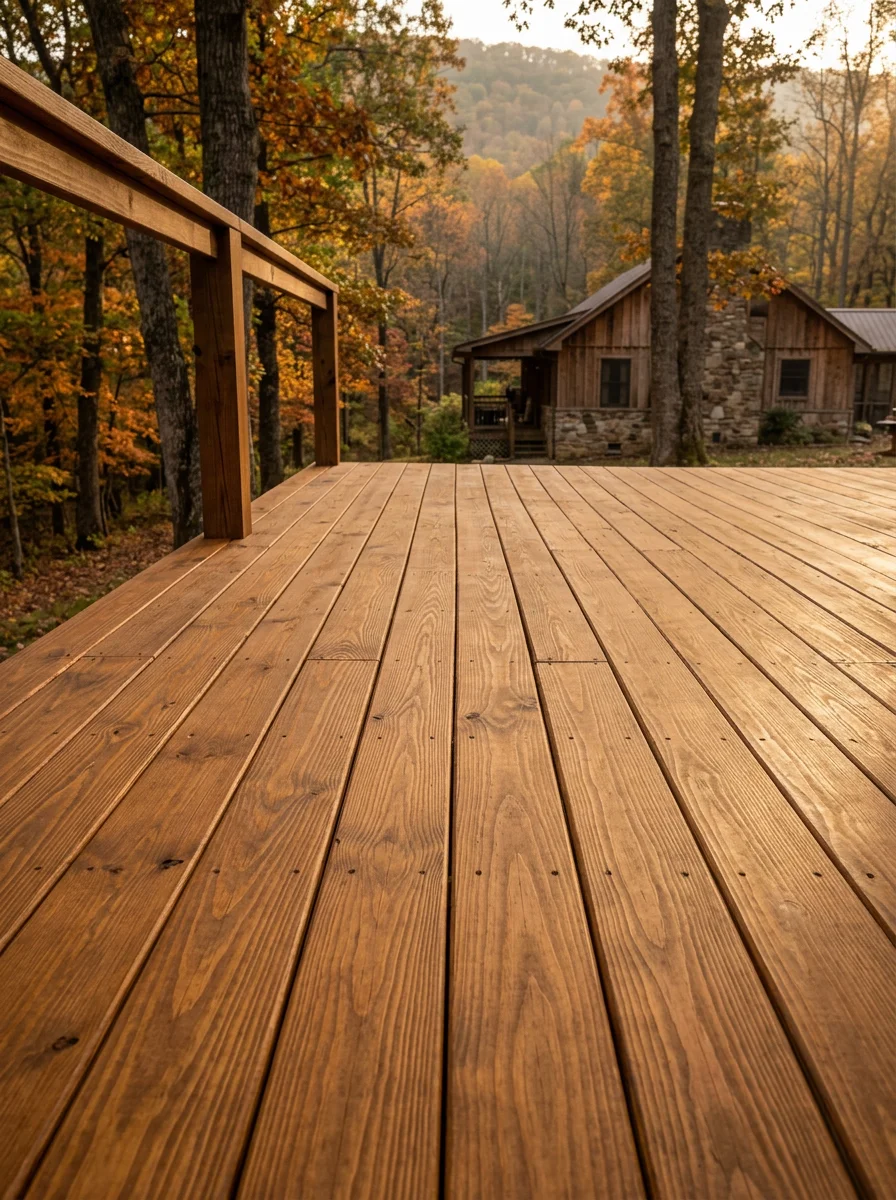 Freshly stained wood deck on a Front Royal, Virginia home, with even stain coverage on pressure-treated boards and a wooded rural lot behind the property.