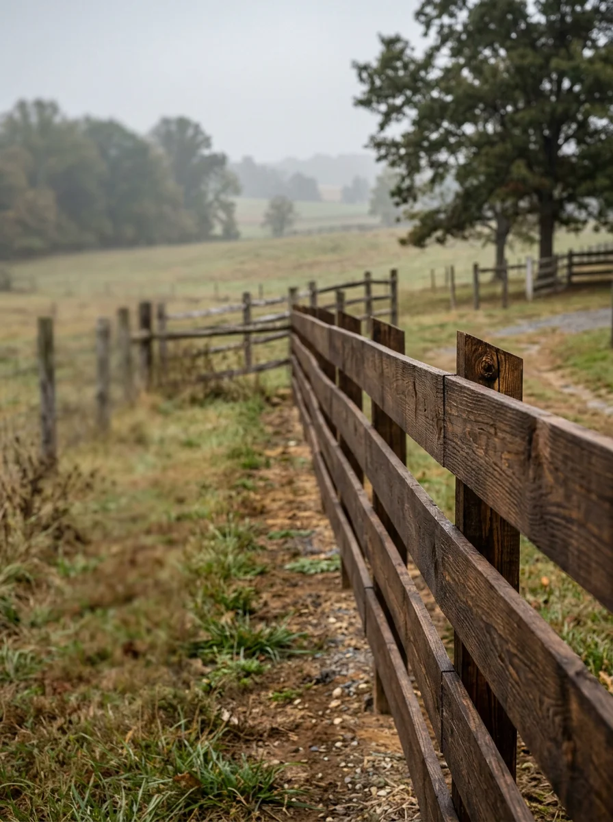 Freshly stained wood board fence on a rural Purcellville, Virginia property, showing even penetrating stain coverage on long horizontal fence boards with a pasture beyond.