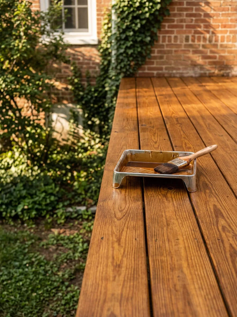 Freshly stained wood deck on a Stephens City, Virginia home, showing even penetrating stain coverage on pressure-treated boards.