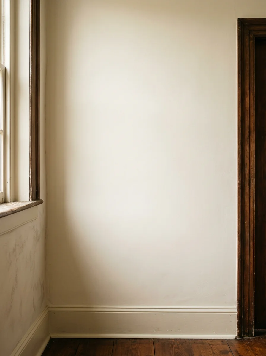Freshly painted interior plaster wall and original wood trim inside a historic Strasburg, Virginia home, showing smooth finish and clean cut lines.