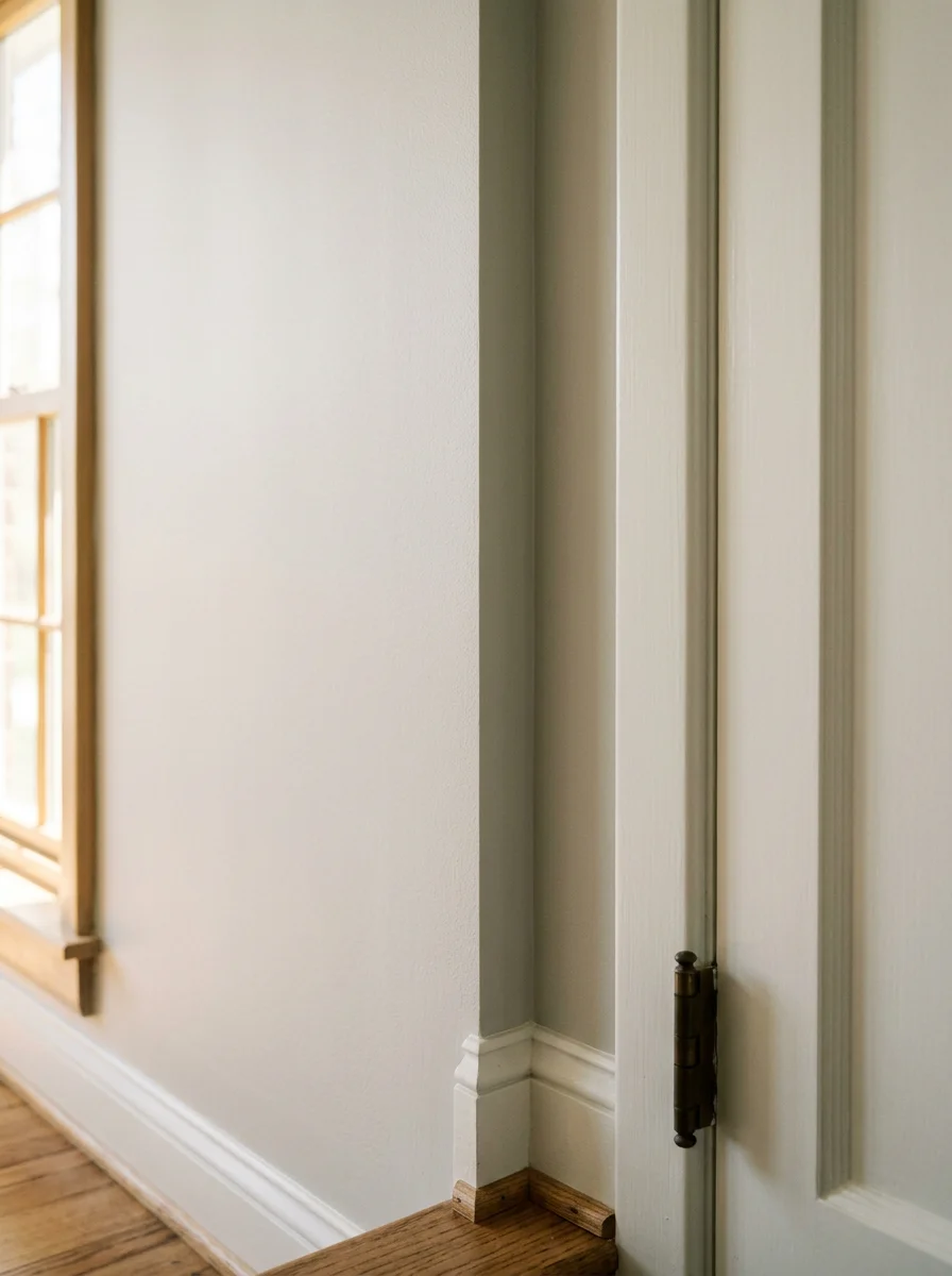 Close-up of freshly painted interior trim and a smooth wall finish inside a mid-century Winchester, Virginia home.