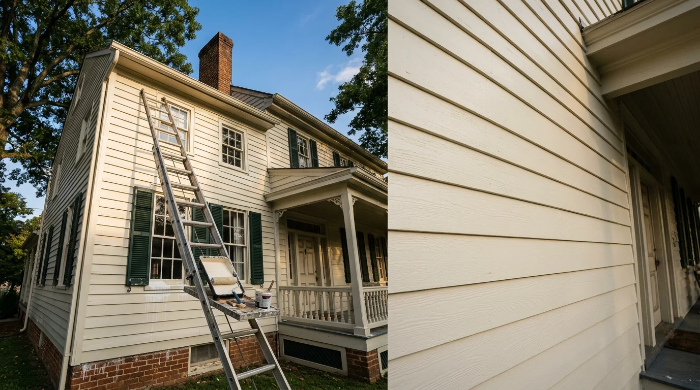 Painter applying exterior paint to a historic wood-sided home in Winchester, Virginia, with a ladder set against the facade near a multi-pane window.