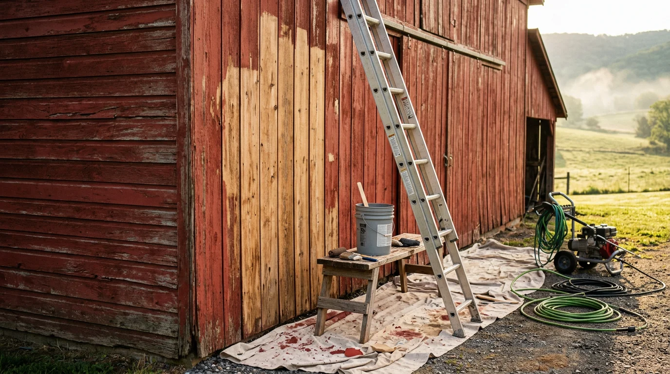A freshly painted red wood barn on a rural property near Winchester, Virginia, with clean board-and-batten siding and rolling Shenandoah Valley farmland in the background. The exterior shows even, full-coverage paint with no peeling or bare wood visible.