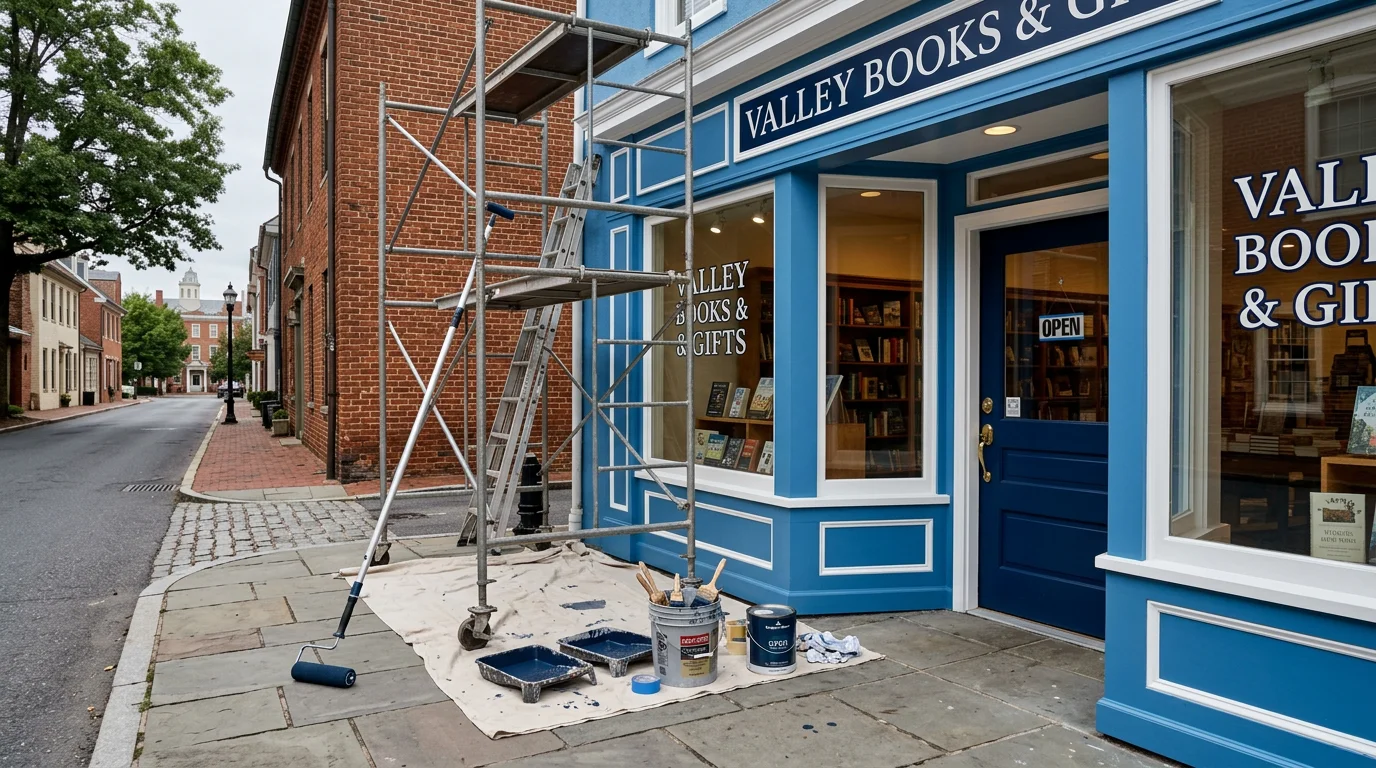 A freshly painted commercial building exterior in Winchester, VA, showing clean lines and a uniform finish on a multi-bay facade. The painted surface reflects professional preparation work suited to the Shenandoah Valley climate.
