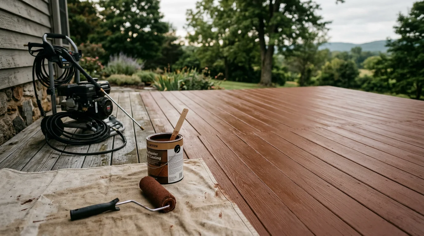 A freshly painted wood deck on a residential home in Winchester, VA, showing a clean, solid-color finish on the deck boards and railings. The painted surface covers the full deck floor and surrounding trim with a uniform, smooth coat.