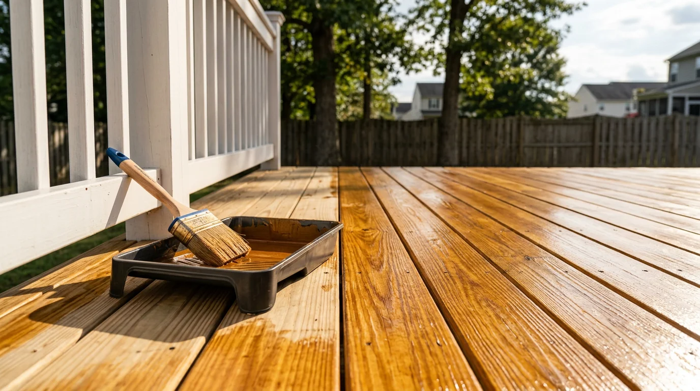 A freshly stained wood deck on a residential home in Winchester, VA, showing rich, even wood tone across the deck boards, railings, and stairs after professional staining service.