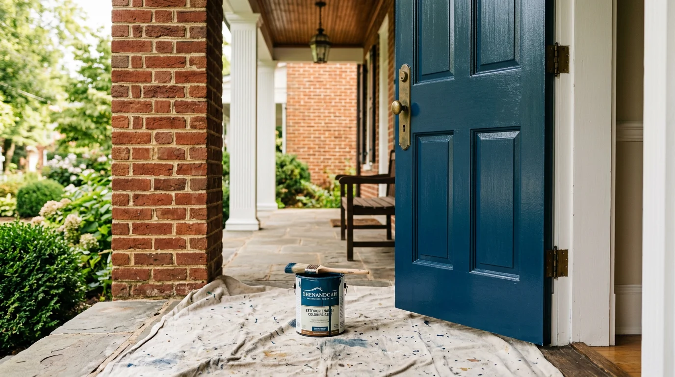 A freshly painted deep navy front door on a single-family home in Winchester, Virginia, with clean edges around the frame and polished hardware. The door contrasts against a light-colored exterior typical of Shenandoah Valley residential neighborhoods.