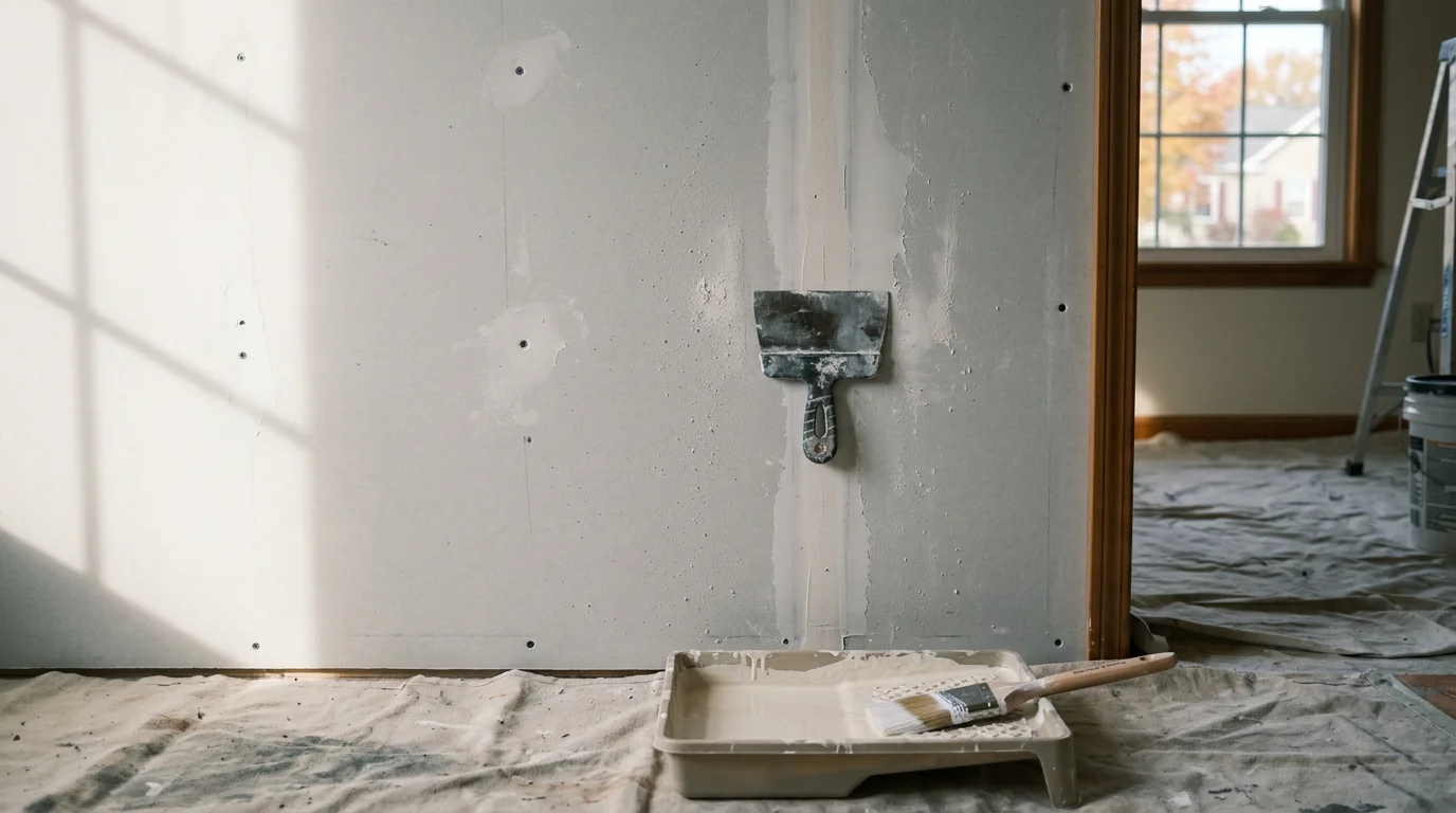 Freshly painted smooth drywall walls in a Winchester, VA home interior showing clean, even coverage with no visible seams or patches. A painter applies a finish coat to a primed wall in a residential room in the Shenandoah Valley area.