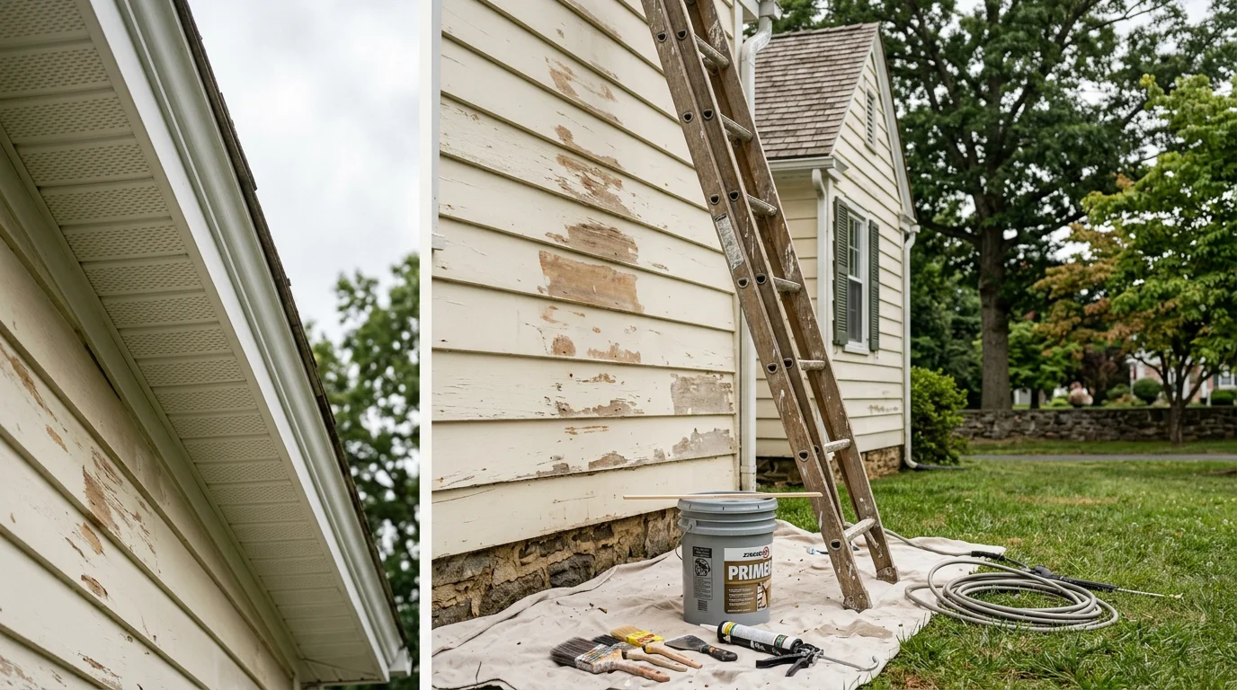 A freshly painted two-story home exterior in Winchester, VA showing clean white siding and dark trim with no peeling or fading. The painted surfaces include siding, shutters, and fascia boards typical of homes in the Shenandoah Valley region.