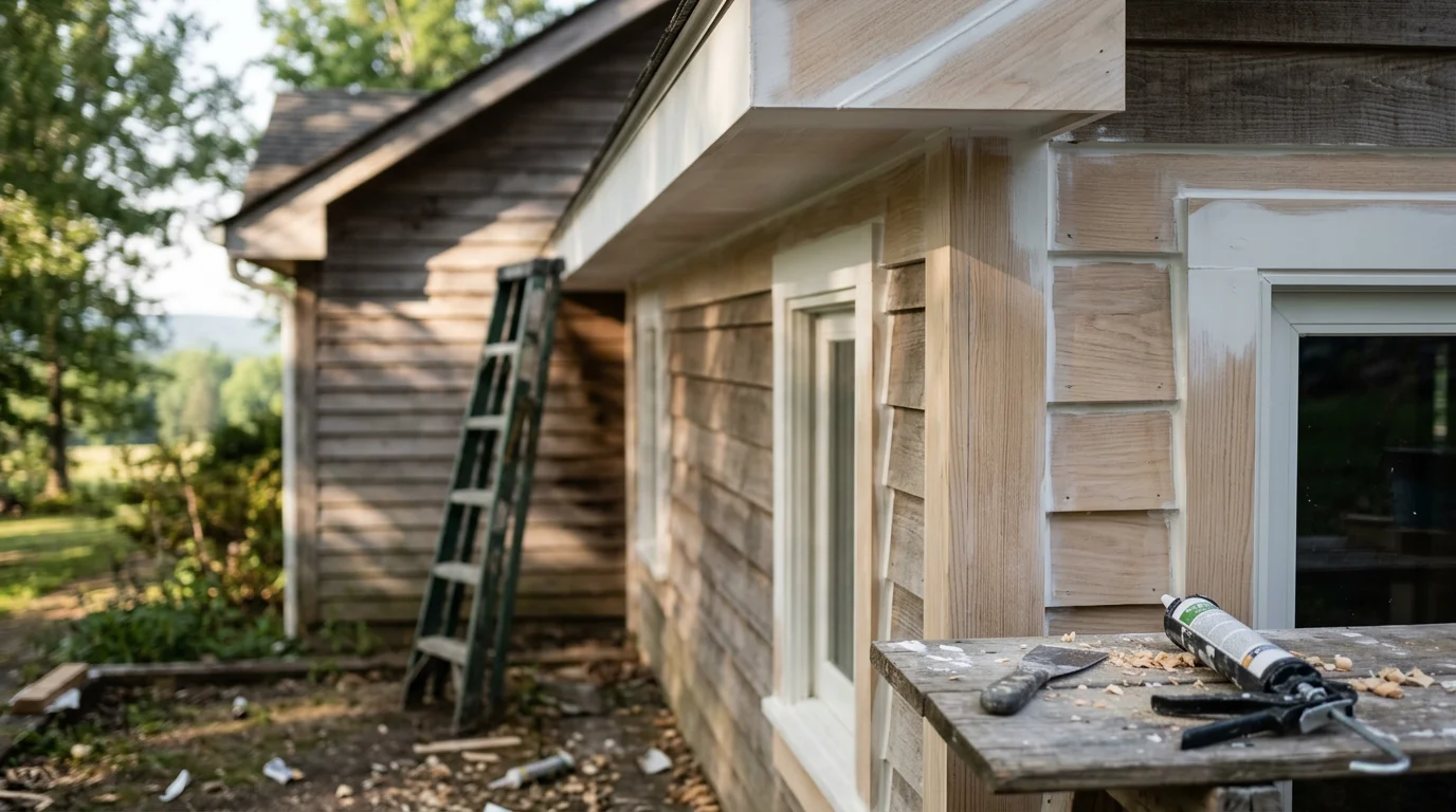 Freshly painted white exterior trim on a wood-frame home in Winchester, VA, showing clean window casings and fascia boards after repair and repainting. Close-up view highlights smooth caulked joints and sharp paint lines against the home's siding.