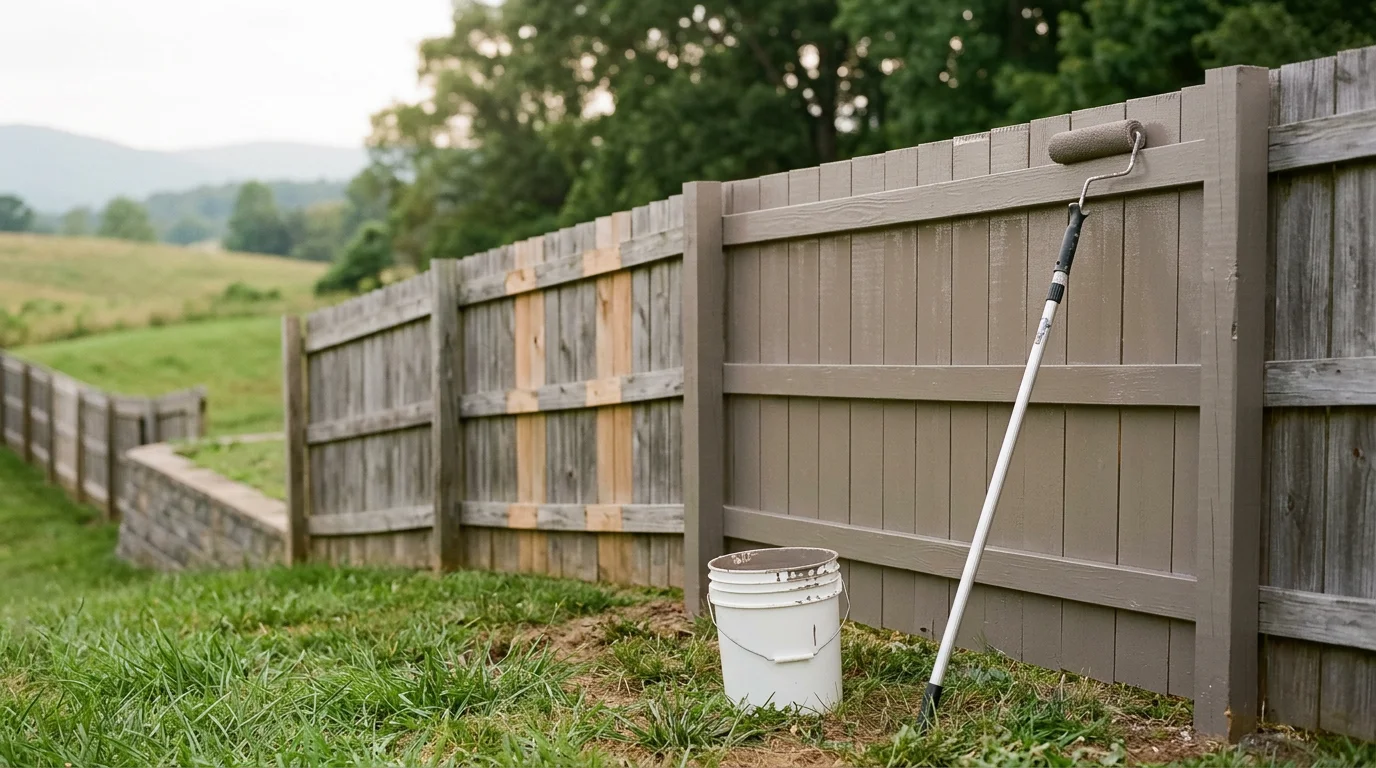 A freshly painted white wood privacy fence along the backyard of a residential property in Winchester, VA. The fence boards show clean, even paint coverage with no peeling or weathering visible.