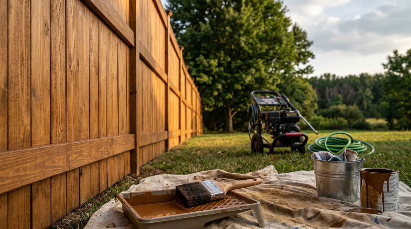 A freshly stained wood privacy fence in a Winchester, VA residential backyard, showing even, rich stain coverage across all boards and posts. The natural wood grain is visible through the stain finish, with green lawn and mature trees in the background.