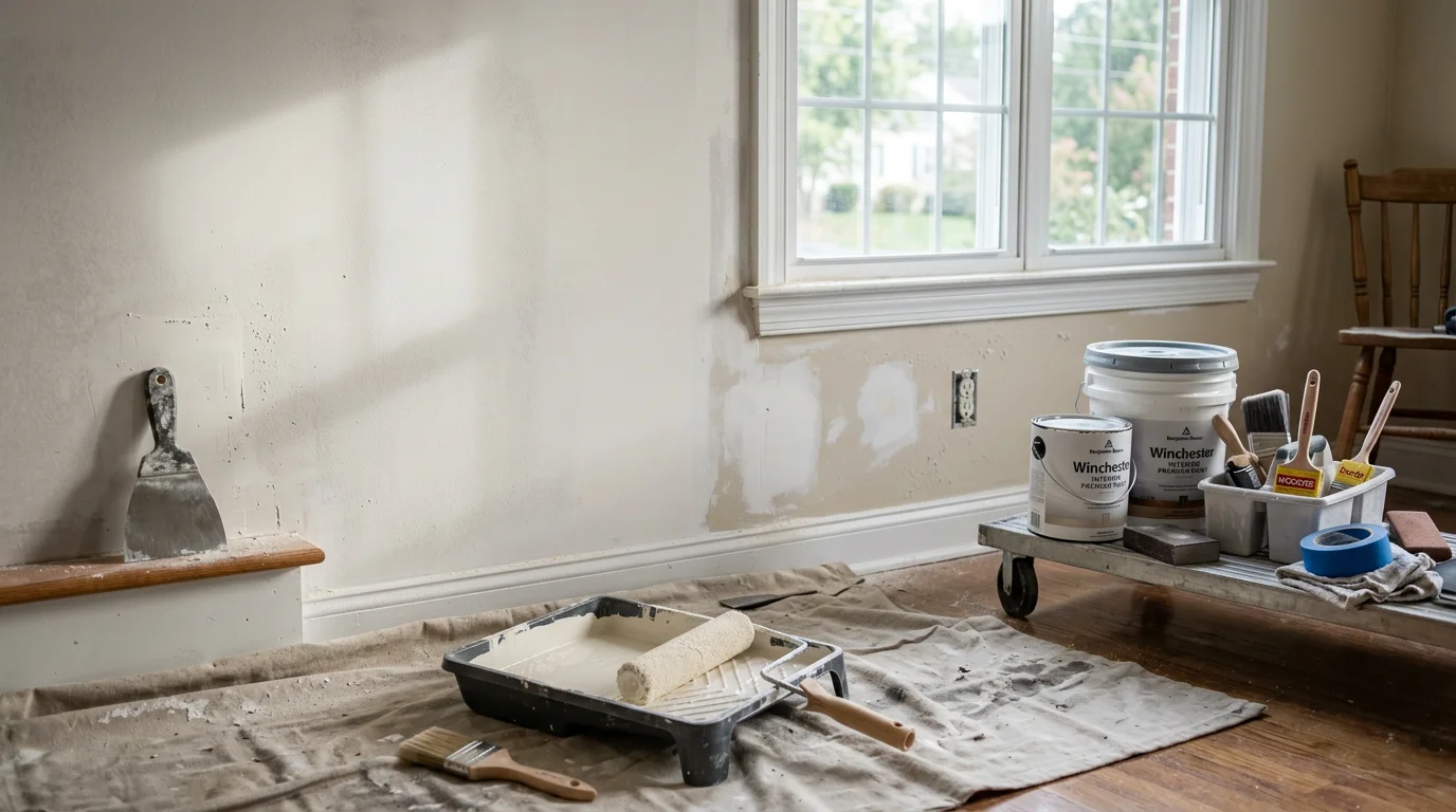 A freshly painted interior living room in a Winchester, VA home showing clean wall coverage, sharp trim lines, and an even finish throughout the space.