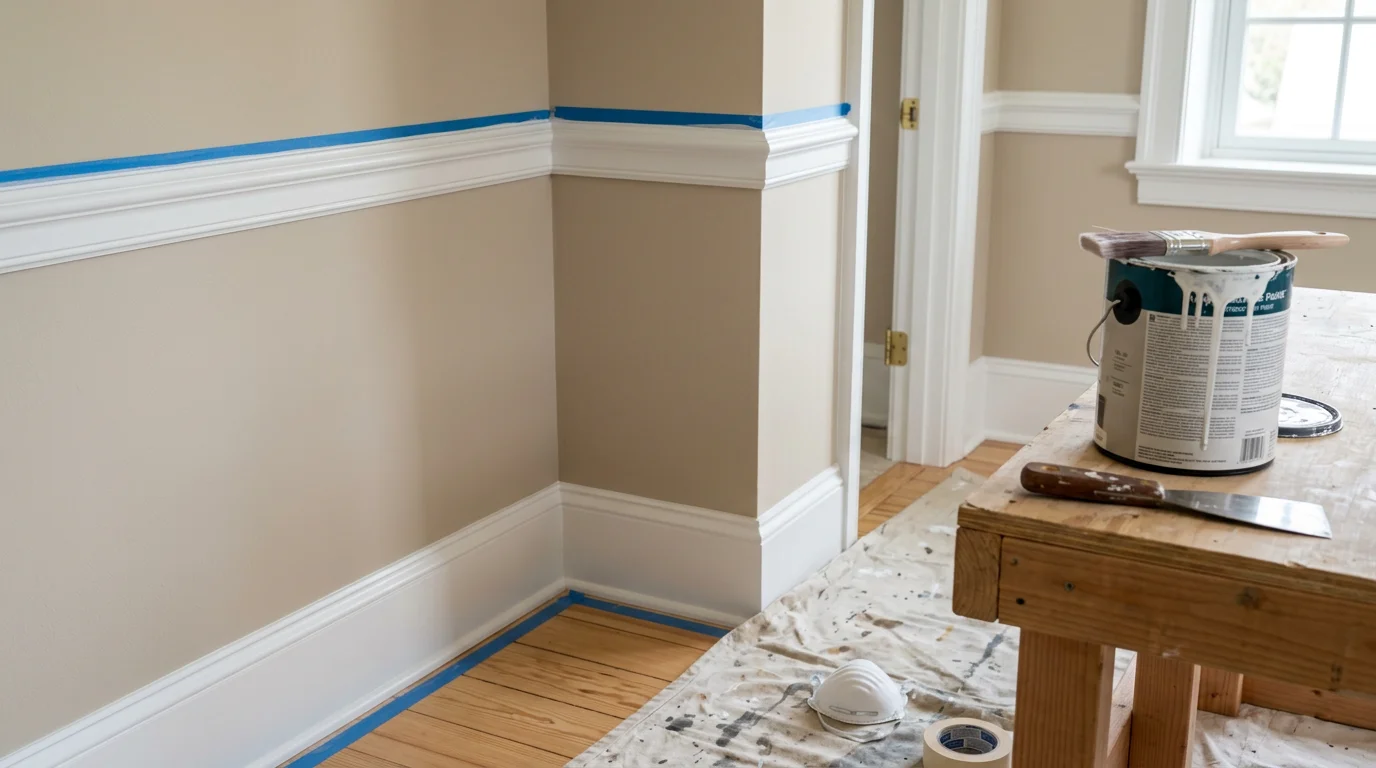 Freshly painted white interior trim and baseboards along a wall inside a Winchester, VA home. Clean caulked corners and sharp paint edges show finished carpentry work in a residential living space.