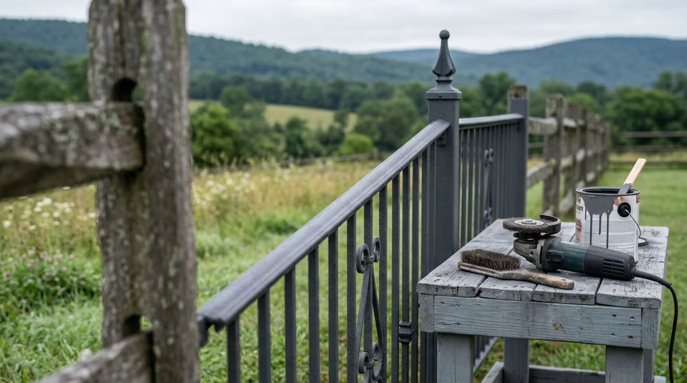 A freshly painted black wrought iron railing on a residential front porch in Winchester, VA, with clean edges and no visible rust or flaking. A metal gate in the background shows a smooth, even finish after professional painting.