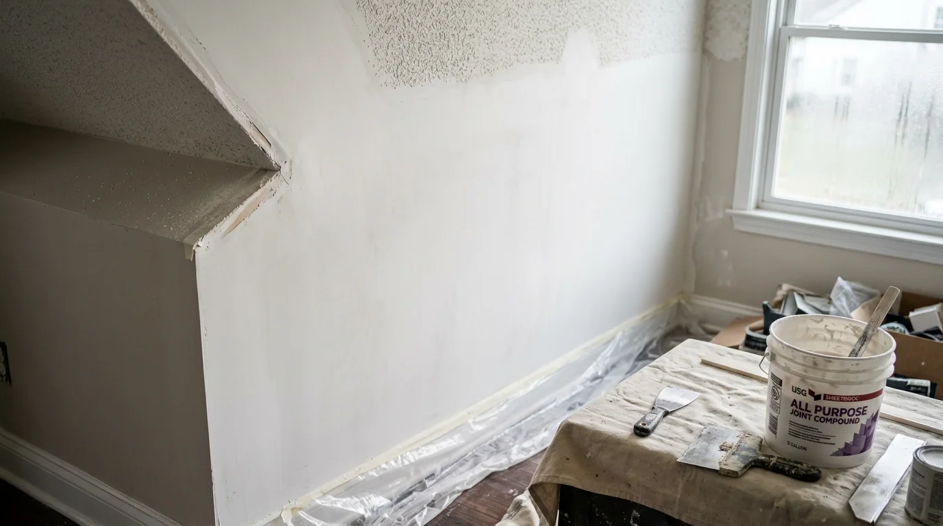 A freshly smoothed interior ceiling in a Winchester, VA home after popcorn texture removal, showing a clean flat surface ready for paint. The room has clear natural light and no remaining bumpy texture on the ceiling.