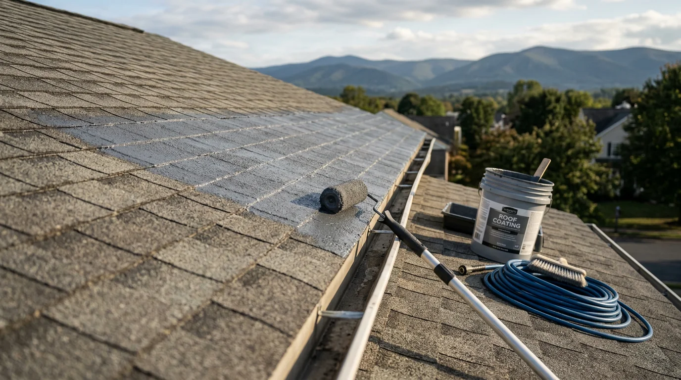 A freshly painted metal roof on a residential home in Winchester, VA, showing an even, clean coat with no fading or rust. The surrounding Blue Ridge Mountain landscape is visible in the background.