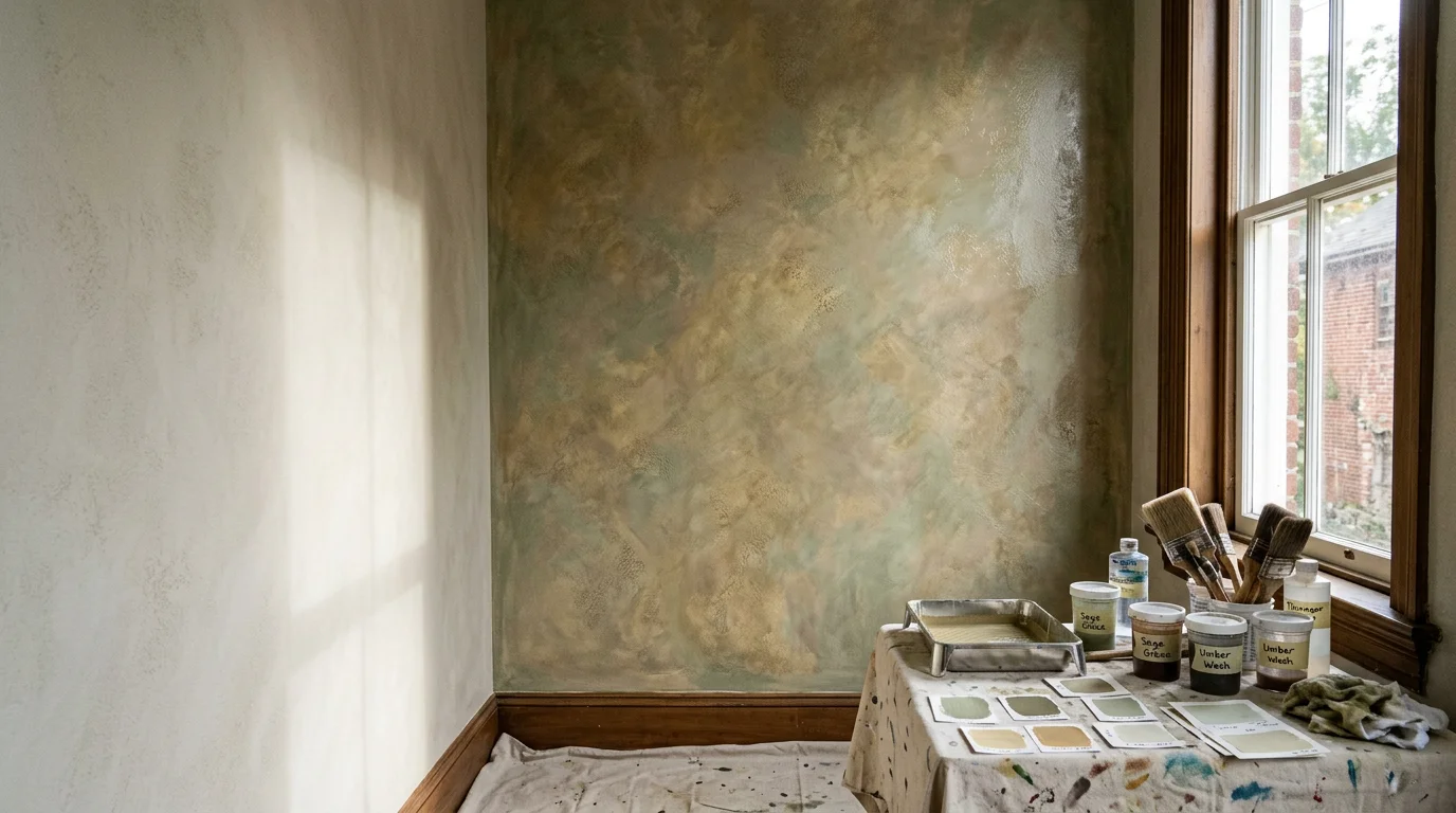 A freshly painted accent wall with a layered color wash finish in a Winchester, VA living room, showing depth and texture against neutral surrounding walls. The decorative technique creates a clear focal point beside a window with natural Shenandoah Valley light.