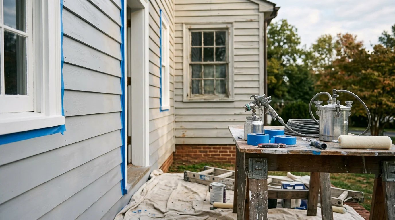 A painter applying an even spray coat to the exterior siding of a residential home in Winchester, VA, with windows and trim fully masked for protection. The finished wall shows a smooth, streak-free surface typical of professional spray painting work in the Shenandoah Valley area.