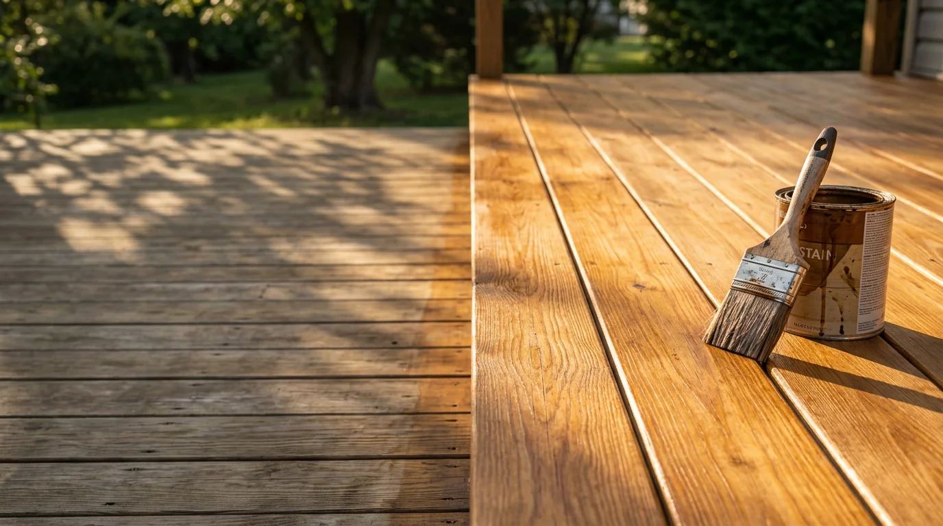 A freshly stained wood deck on a residential home in Winchester, VA, showing rich, even color and visible wood grain after professional staining. The surrounding yard reflects the open, rural character common across the Shenandoah Valley region.