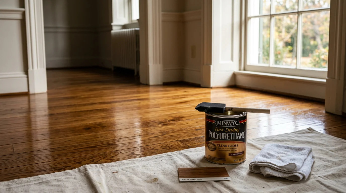 A freshly varnished hardwood floor inside a Winchester, VA home, showing a clear, smooth finish that highlights the natural wood grain. Natural light from a nearby window reflects off the surface, showing the depth and protection the varnish provides.